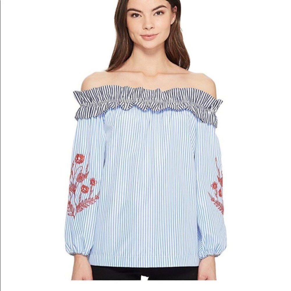 Romeo & Juliet Couture Blouse S Blue Striped Embroidered Sleeve‎ Off Shou…